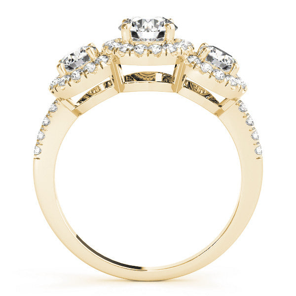 Yellow gold Three-Stone Round Halo Diamond Ring with Pave Band and Prong Setting