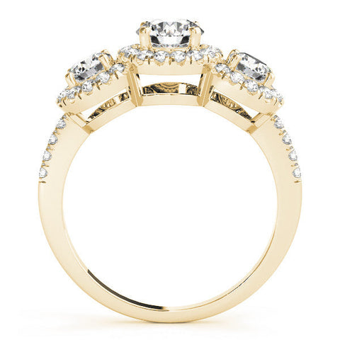 Yellow gold Three-Stone Round Halo Diamond Ring with Pave Band and Prong Setting
