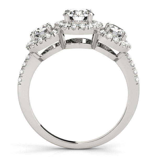 White gold Three-Stone Round Halo Diamond Ring with Pave Band and Prong Setting