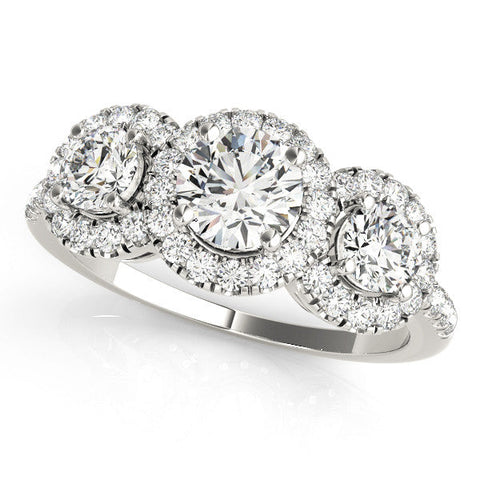 White gold Three-Stone Round Halo Diamond Ring with Pave Band and Prong Setting
