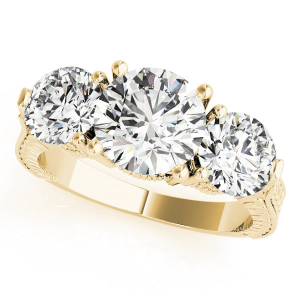 Yellow gold Three-Stone Round Cut Milgrain Band Prong Setting Ring
