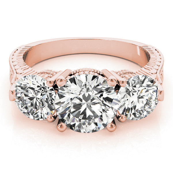Rose gold Three-Stone Round Cut Milgrain Band Prong Setting Ring