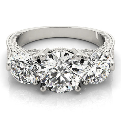 Silver Three-Stone Round Cut Milgrain Band Prong Setting Ring