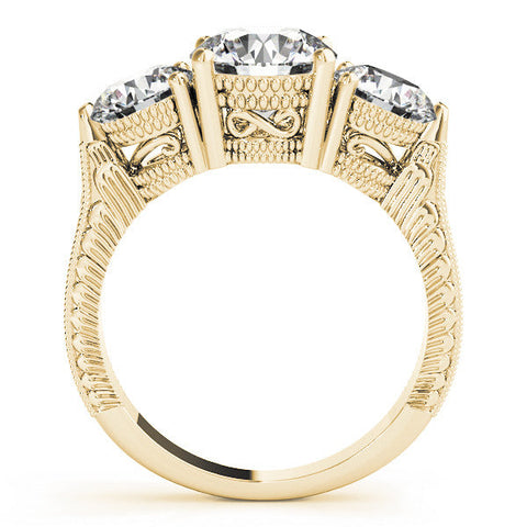 Yellow gold Three-Stone Round Cut Milgrain Band Prong Setting Ring