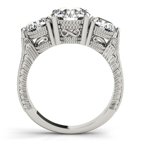 Silver Three-Stone Round Cut Milgrain Band Prong Setting Ring