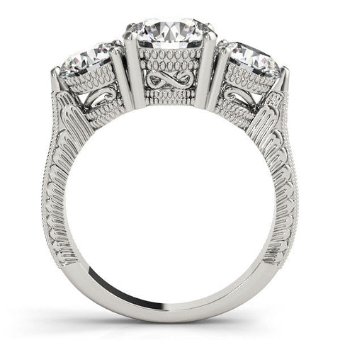 Platinum Three-Stone Round Cut Milgrain Band Prong Setting Ring