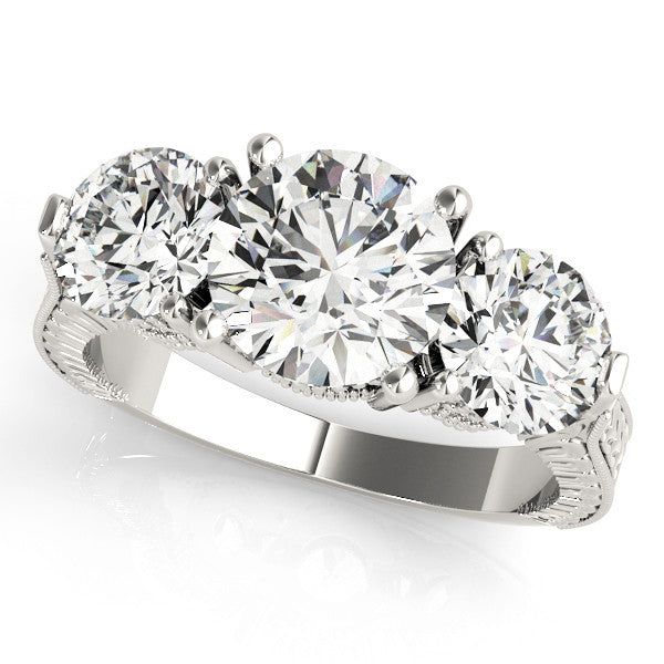 White gold Three-Stone Round Cut Milgrain Band Prong Setting Ring