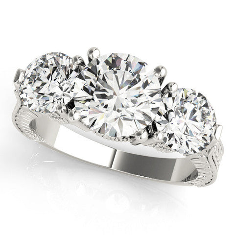 White gold Three-Stone Round Cut Milgrain Band Prong Setting Ring
