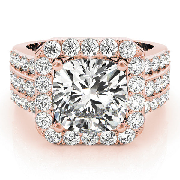 Rose gold Cushion-Cut Halo Diamond Ring with Split Shank and Four-Prong Setting