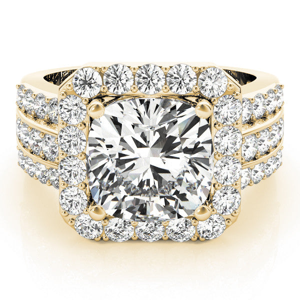 Yellow gold Cushion-Cut Halo Diamond Ring with Split Shank and Four-Prong Setting