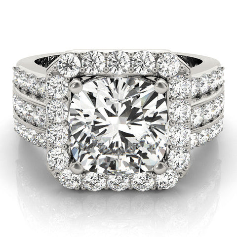 Platinum Cushion-Cut Halo Diamond Ring with Split Shank and Four-Prong Setting