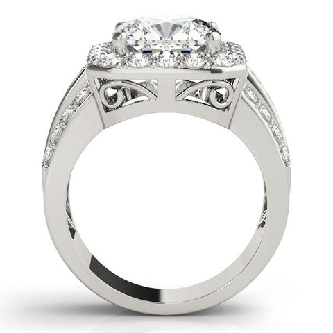 Platinum Cushion-Cut Halo Diamond Ring with Split Shank and Four-Prong Setting
