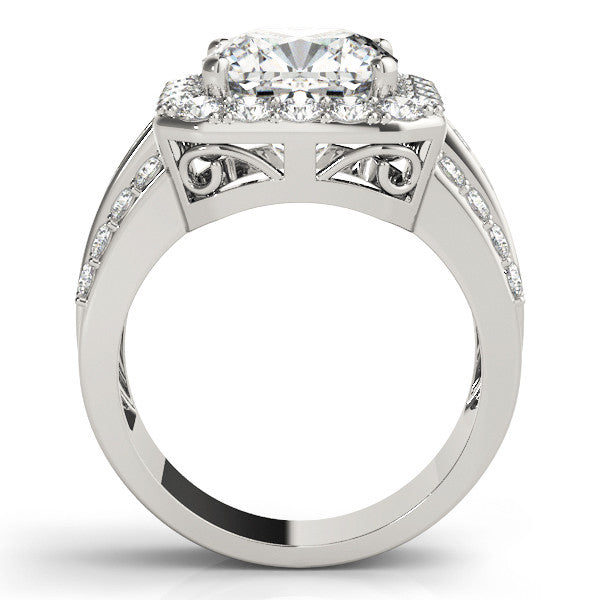 White gold Cushion-Cut Halo Diamond Ring with Split Shank and Four-Prong Setting
