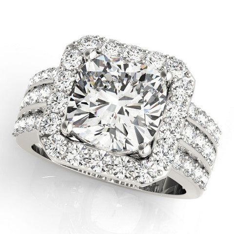 Platinum Cushion-Cut Halo Diamond Ring with Split Shank and Four-Prong Setting