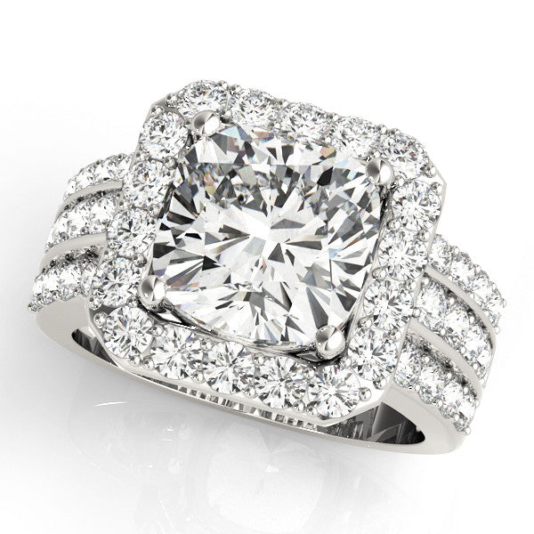 White gold Cushion-Cut Halo Diamond Ring with Split Shank and Four-Prong Setting