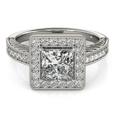 Platinum Princess Cut Halo Diamond Ring with Pave Band and Four-Prong Setting