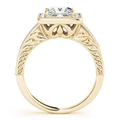 Yellow gold Princess Cut Halo Diamond Ring with Pave Band and Four-Prong Setting