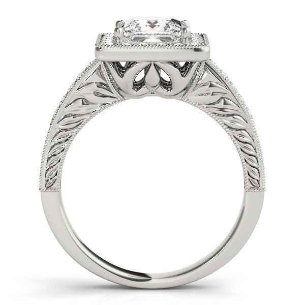Silver Princess Cut Halo Diamond Ring with Pave Band and Four-Prong Setting