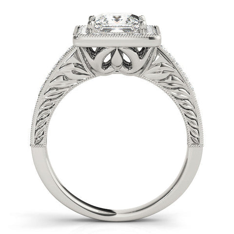 Platinum Princess Cut Halo Diamond Ring with Pave Band and Four-Prong Setting