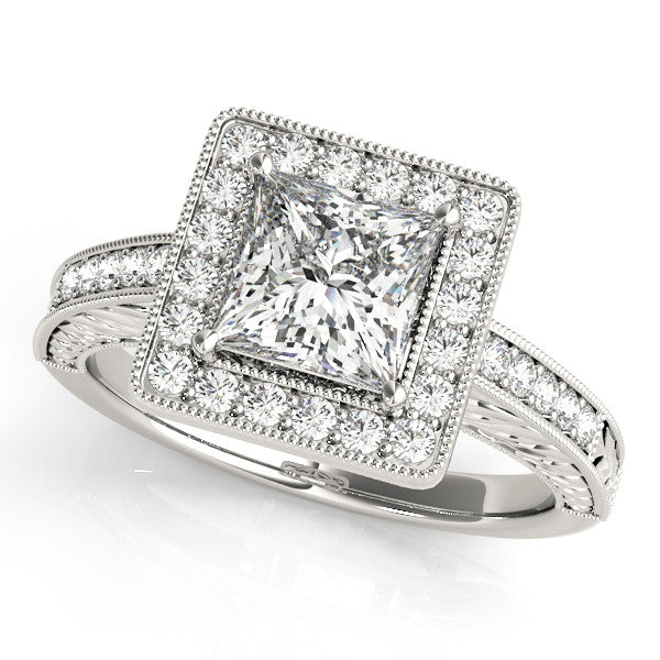 Platinum Princess Cut Halo Diamond Ring with Pave Band and Four-Prong Setting