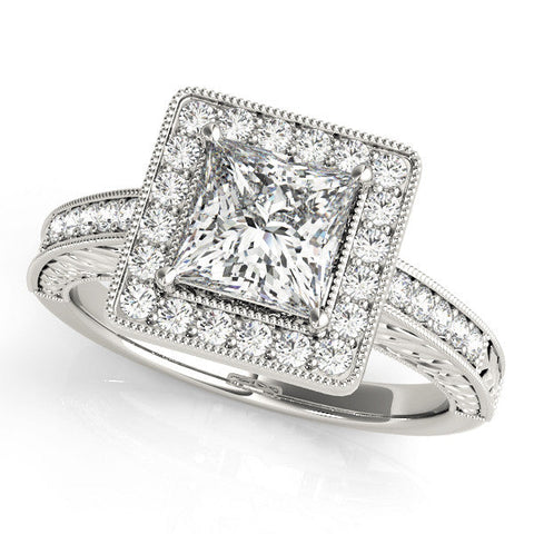 Platinum Princess Cut Halo Diamond Ring with Pave Band and Four-Prong Setting