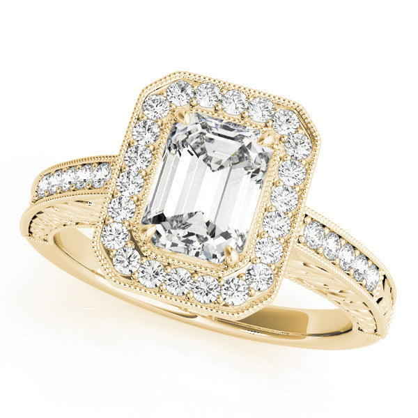 Yellow gold Marquise Cut Halo Diamond Ring with Pavé Band and Four-Prong Setting