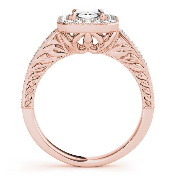 Rose gold Round Cut Halo Diamond Ring with Pavé Band and Four-Prong Setting