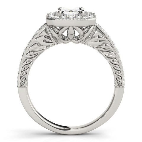 Silver Radiant Cut Halo Diamond Ring with Pavé Band and Four-Prong Setting