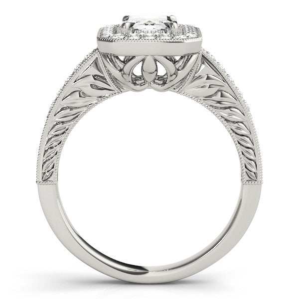 Platinum Oval Cut Halo Diamond Ring with Pavé Band and Four-Prong Setting