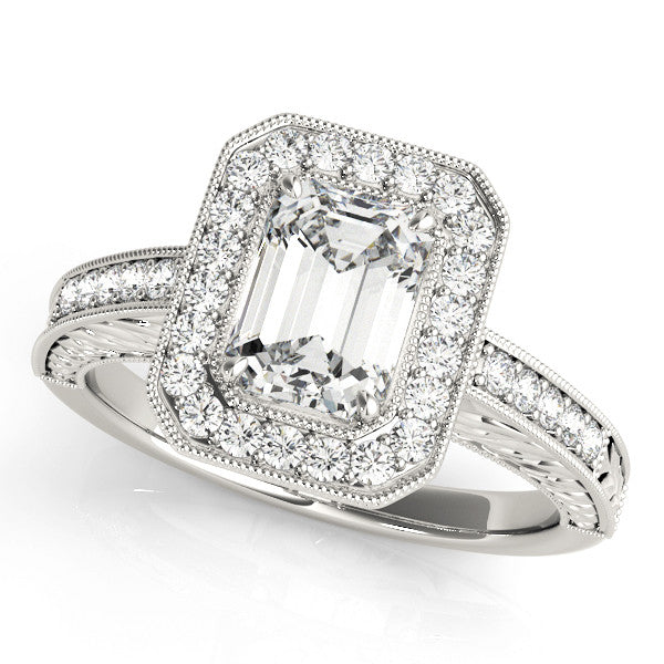 Platinum Princess Cut Halo Diamond Ring with Pavé Band and Four-Prong Setting