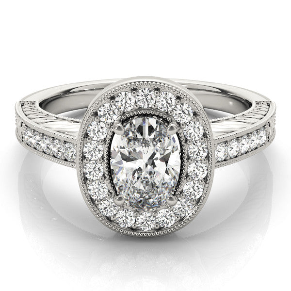 Silver Oval Halo Diamond Engagement Ring with Pave Band and Four-Prong Setting