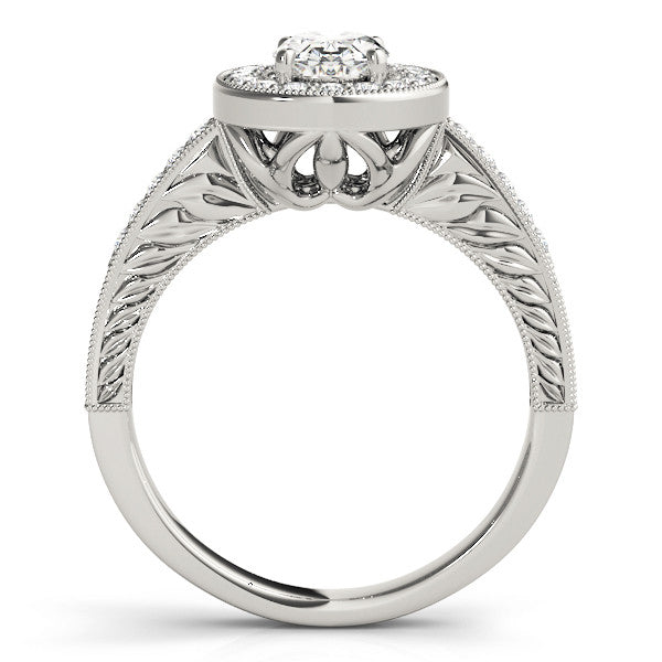 Silver Oval Halo Diamond Engagement Ring with Pave Band and Four-Prong Setting