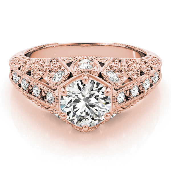 Rose gold Round Brilliant Milgrain Pave Split Shank Hexagon Prong Setting Ring