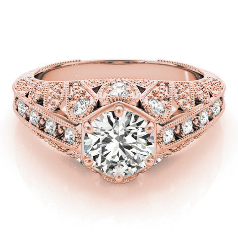 Rose gold Round Brilliant Milgrain Pave Split Shank Hexagon Prong Setting Ring