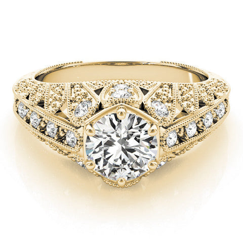Yellow gold Round Brilliant Milgrain Pave Split Shank Hexagon Prong Setting Ring