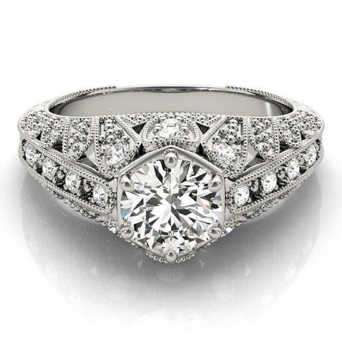White gold Round Brilliant Milgrain Pave Split Shank Hexagon Prong Setting Ring