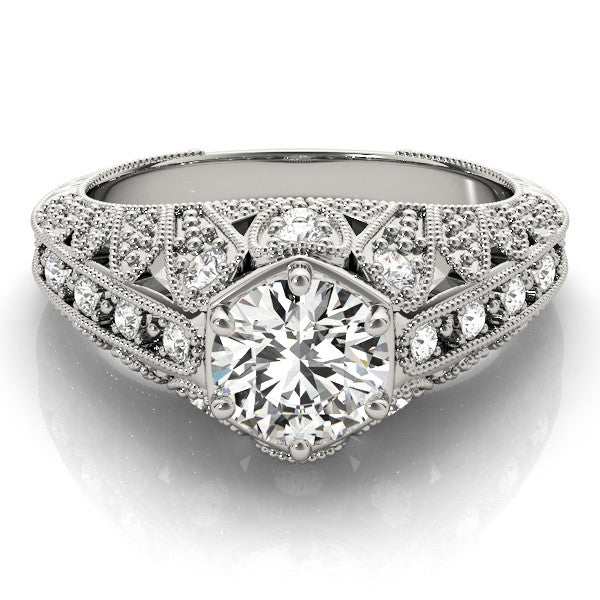 Platinum Round Brilliant Milgrain Pave Split Shank Hexagon Prong Setting Ring