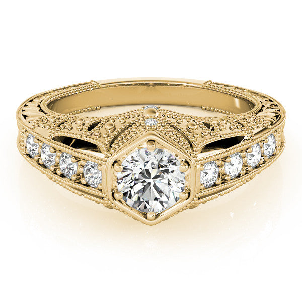 Yellow gold Hexagon Bezel Round Diamond Milgrain Split Shank Ring