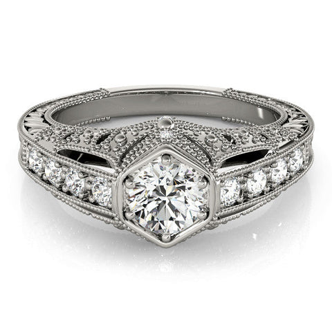 Silver Hexagon Bezel Round Diamond Milgrain Split Shank Ring