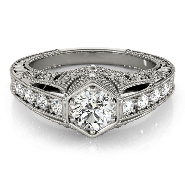 White gold Hexagon Bezel Round Diamond Milgrain Split Shank Ring