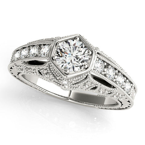 White gold Hexagon Bezel Round Diamond Milgrain Split Shank Ring