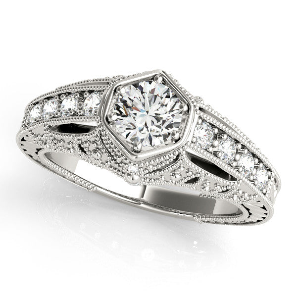 Silver Hexagon Bezel Round Diamond Milgrain Split Shank Ring
