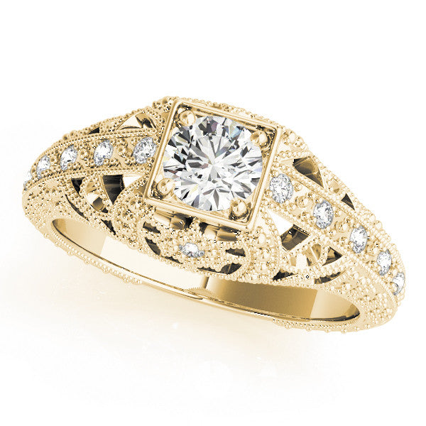 Yellow gold Round Brilliant Milgrain Filigree Diamond Ring with Square Prong Setting