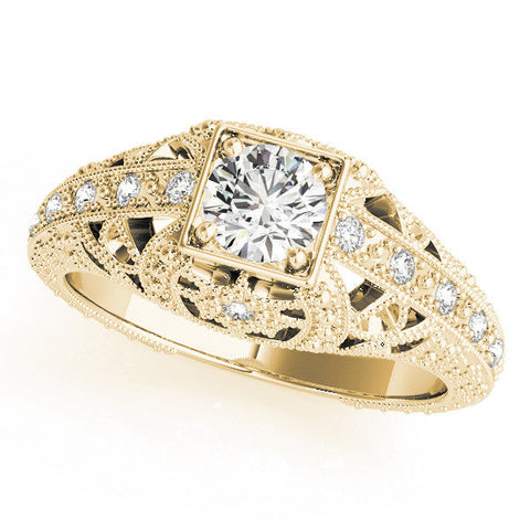 Yellow gold Round Brilliant Milgrain Filigree Diamond Ring with Square Prong Setting