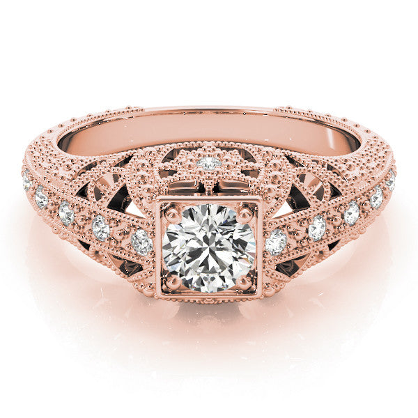 Rose gold Round Brilliant Milgrain Filigree Diamond Ring with Square Prong Setting