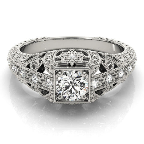 Silver Round Brilliant Milgrain Filigree Diamond Ring with Square Prong Setting