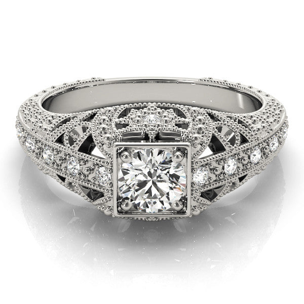 White gold Round Brilliant Milgrain Filigree Diamond Ring with Square Prong Setting