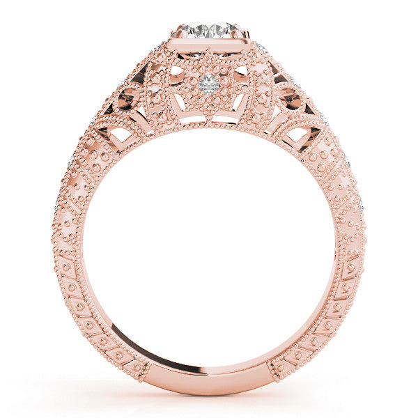 Rose gold Round Brilliant Milgrain Filigree Diamond Ring with Square Prong Setting