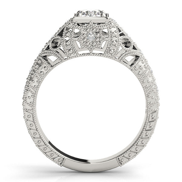 Silver Round Brilliant Milgrain Filigree Diamond Ring with Square Prong Setting