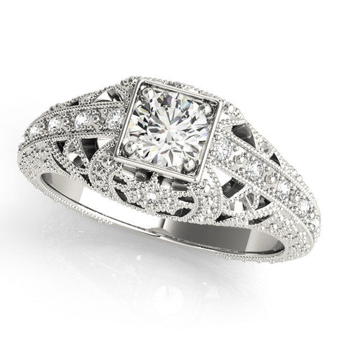 Silver Round Brilliant Milgrain Filigree Diamond Ring with Square Prong Setting